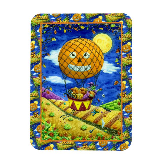 WITCH, BLACK CAT IN HOT AIR BALLOON FOLK ART HUMOR MAGNET (Vertical)