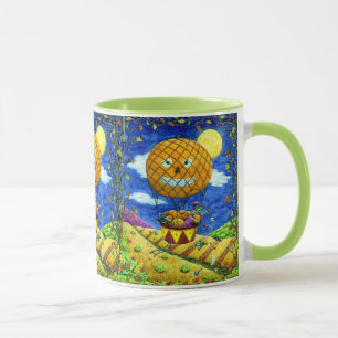 WITCH, BLACK CAT IN HOT AIR BALLOON FOLK ART HUMOR MUG