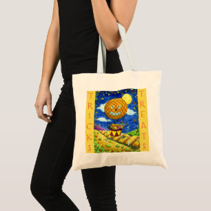 WITCH, BLACK CAT IN HOT AIR BALLOON FOLK ART HUMOR TOTE BAG