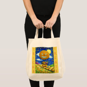 WITCH, BLACK CAT IN HOT AIR BALLOON FOLK ART HUMOR TOTE BAG