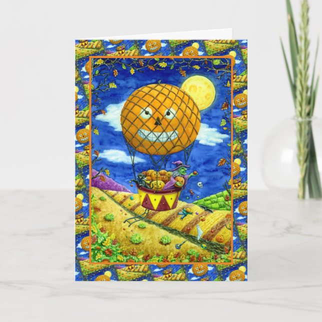 WITCH, BLACK CAT IN HOT AIR BALLOON FOLK ART Verse Holiday Card (Front)