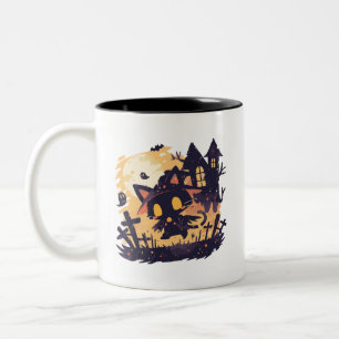 Witch Black Cat on Halloween Night Two-Tone Coffee Mug