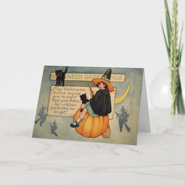 Witch Black Cat Pumpkin Crescent Moon Card (Front)