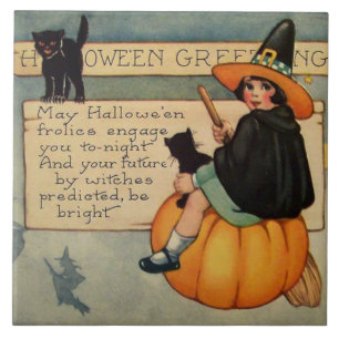 Witch Black Cat Pumpkin Crescent Moon Tile