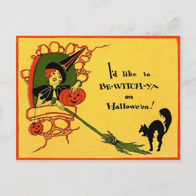 Witch Black Cat Pumpkin Vintage Halloween Postcard (Front)