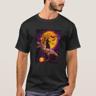 Witch Black Cat Ridding Dinosaur Moon Pumpkin Hall T-Shirt