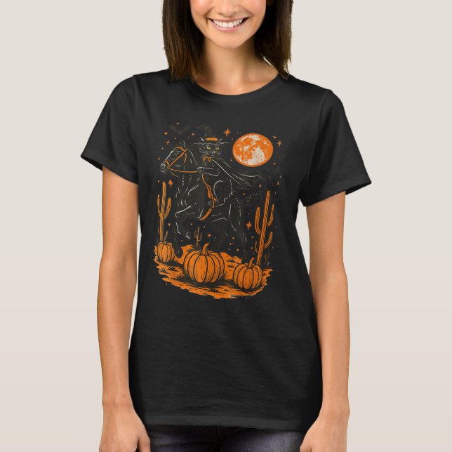 Witch Black Cat Riding Horse Halloween Pumpkin Moo T-Shirt (Front)