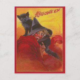 Witch Black Cat Vintage Halloween Postcard
