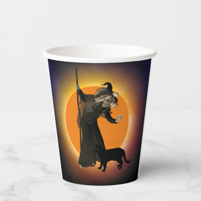 Witch & Black Cat with Orange Moon Paper Cup (Front)