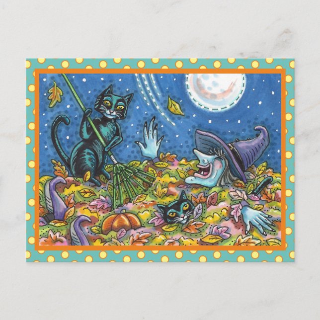 WITCH & BLACK CATS RAKING LEAVES, FUNNY HALLOWEEN POSTCARD (Front)