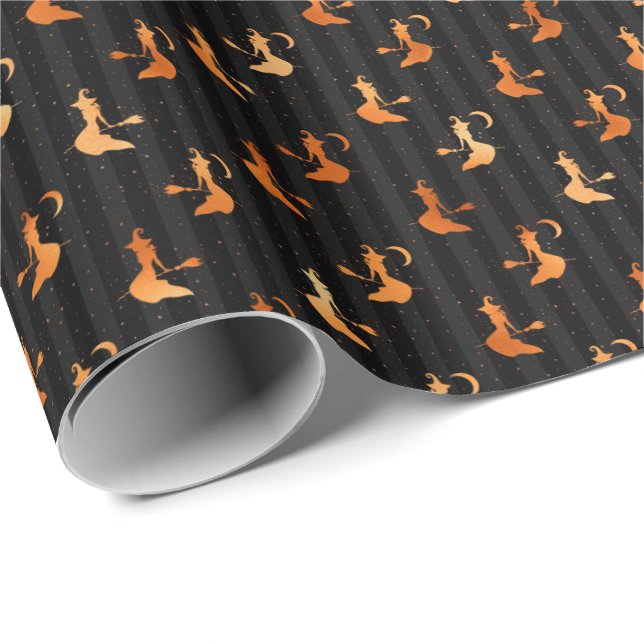 Witch Black Stripes Copper Halloween Pattern Wrapping Paper (Roll Corner)