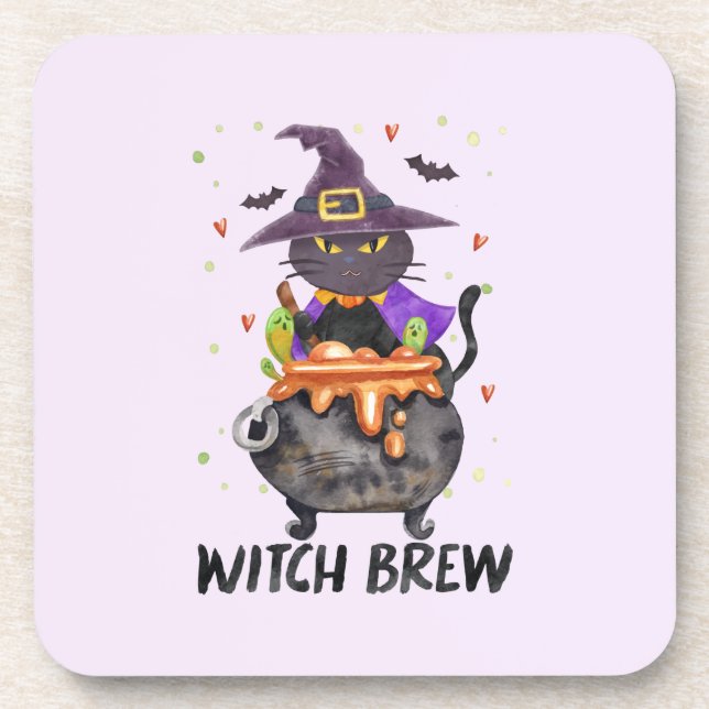 Witch Brew – Halloween Witch Cat in a Cauldron Coaster (Front)