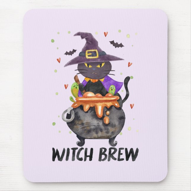 Witch Brew – Halloween Witch Cat in a Cauldron Mouse Mat (Front)
