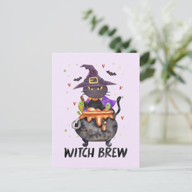 Witch Brew – Halloween Witch Cat in a Cauldron Postcard (Standing Front)