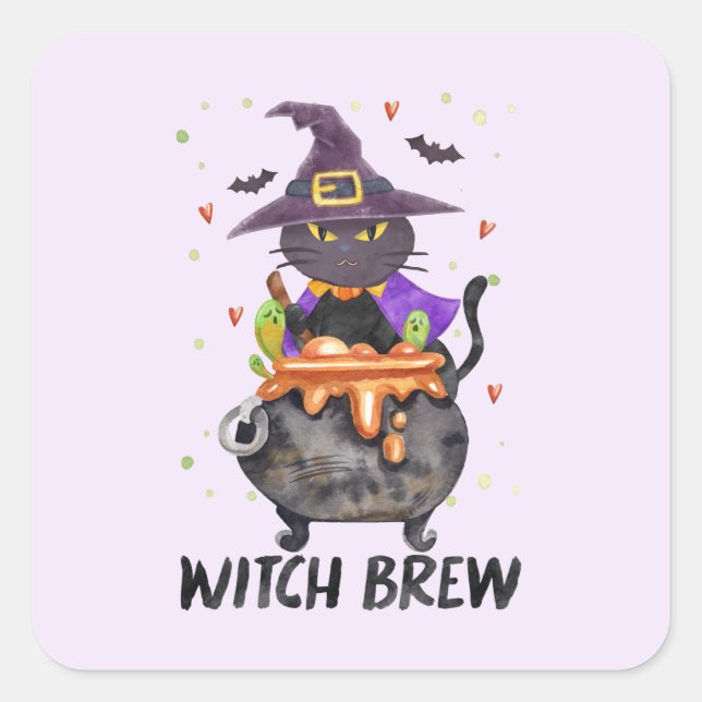 Witch Brew – Halloween Witch Cat in a Cauldron Square Sticker (Front)