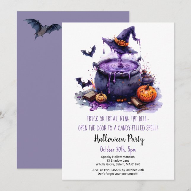 Witch Brew Trick or Treat Pumpkins Halloween Party Invitation (Front/Back)