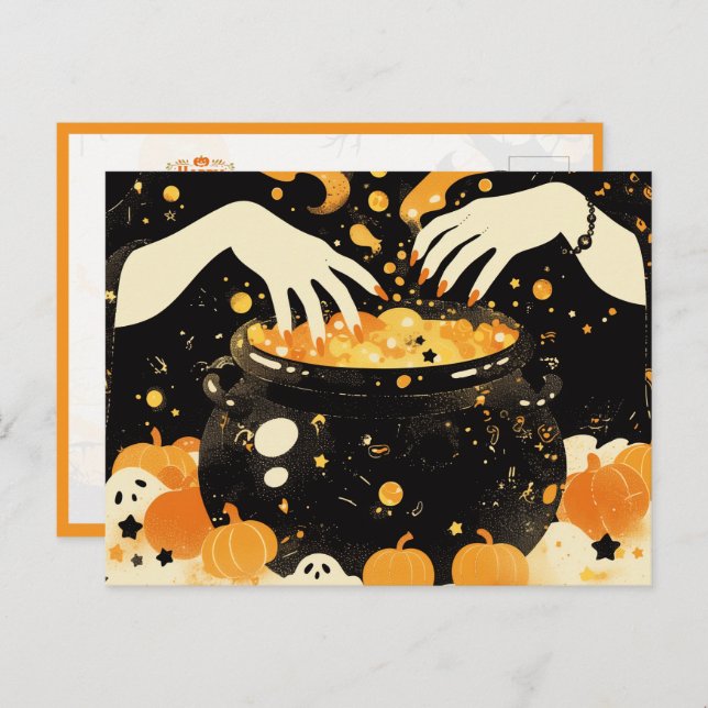 Witch Brewing Magic in Halloween Cauldron Holiday Postcard (Front/Back)