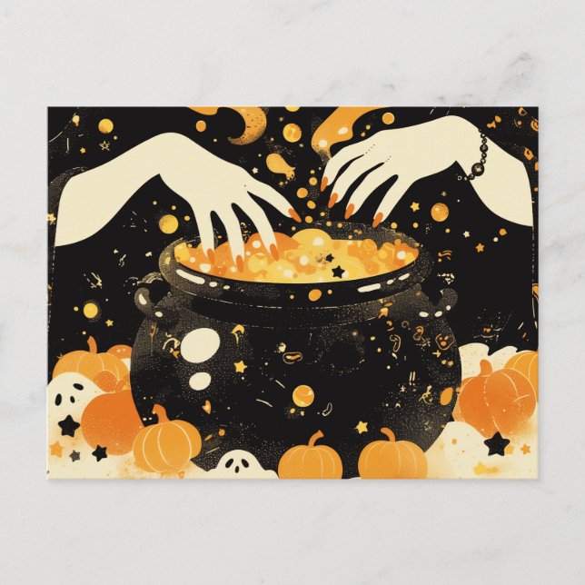 Witch Brewing Magic in Halloween Cauldron Postcard (Front)
