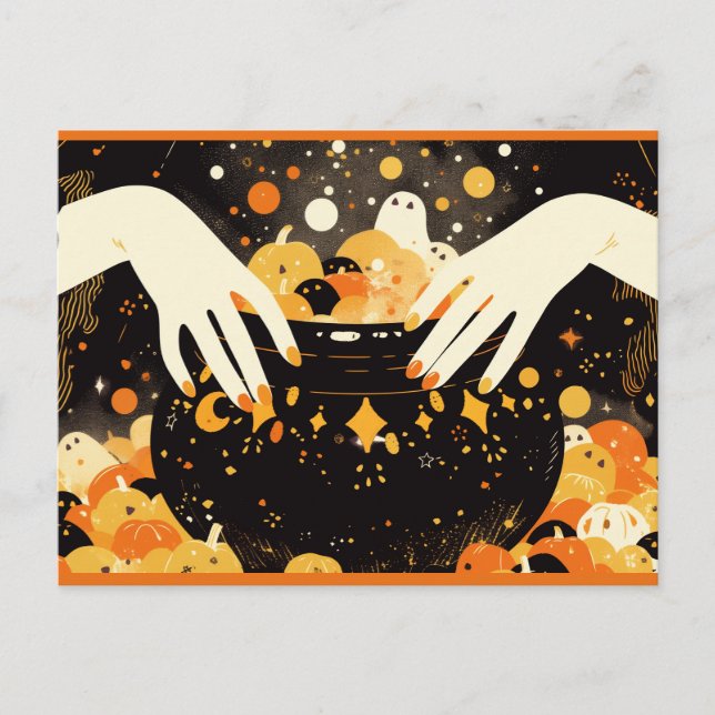 Witch Brewing Magic in Halloween Cauldron Postcard (Front)