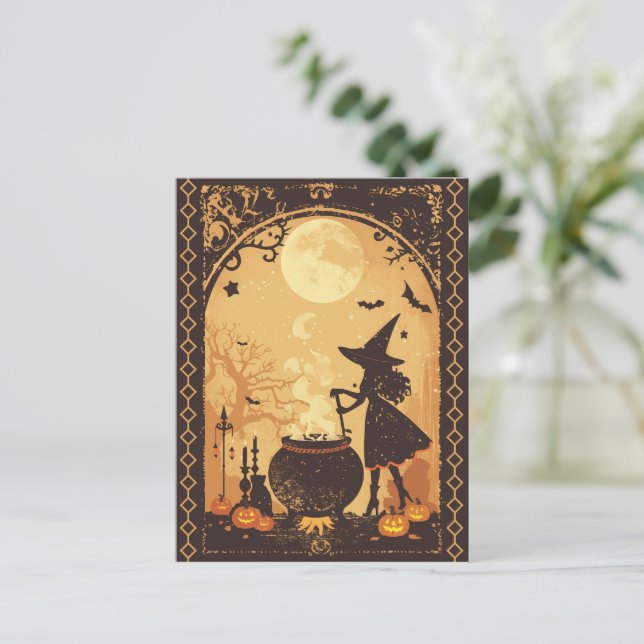 Witch Brewing Magic Under the Moon Holiday Postcard (Standing Front)