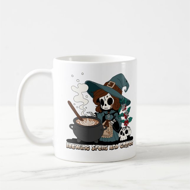 Witch Brewing up Spells and Coffee Coffee Mug (Left)