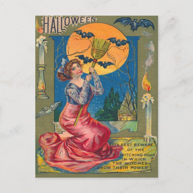 Witch Broom Bat Full Moon Candle Postcard (Front)