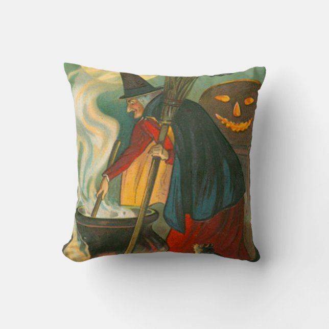 Witch Broom Cauldron Jack O Lantern Bat Cat Cushion (Front)