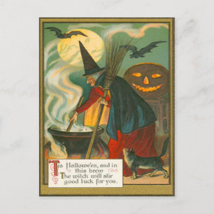 Witch Broom Cauldron Jack O Lantern Bat Cat Postcard