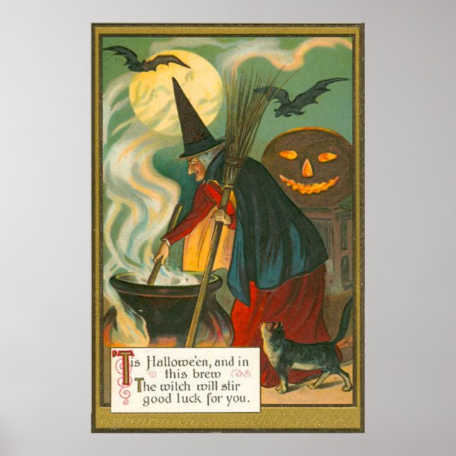 Witch Broom Cauldron Jack O Lantern Bat Cat Poster (Front)