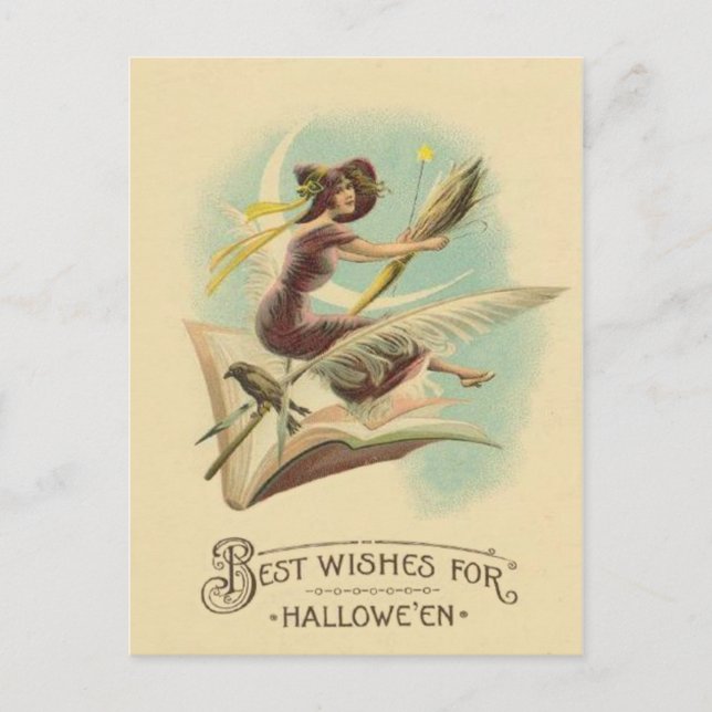 Witch Broom Crescent Moon Book Raven Postcard (Front)