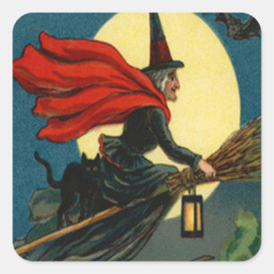 Witch Broom Flying Black Cat Bat Square Sticker