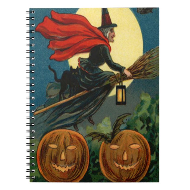 Witch Broom Flying Jack O Lantern Black Cat Bat Notebook (Front)