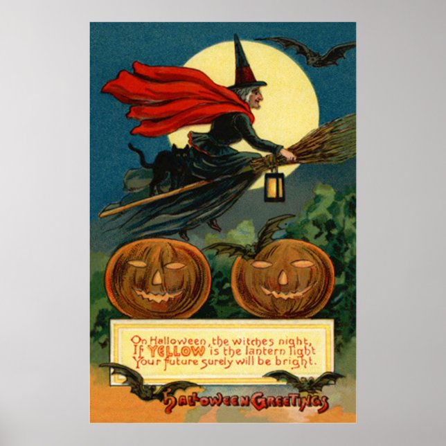 Witch Broom Flying Jack O Lantern Black Cat Bat Poster (Front)