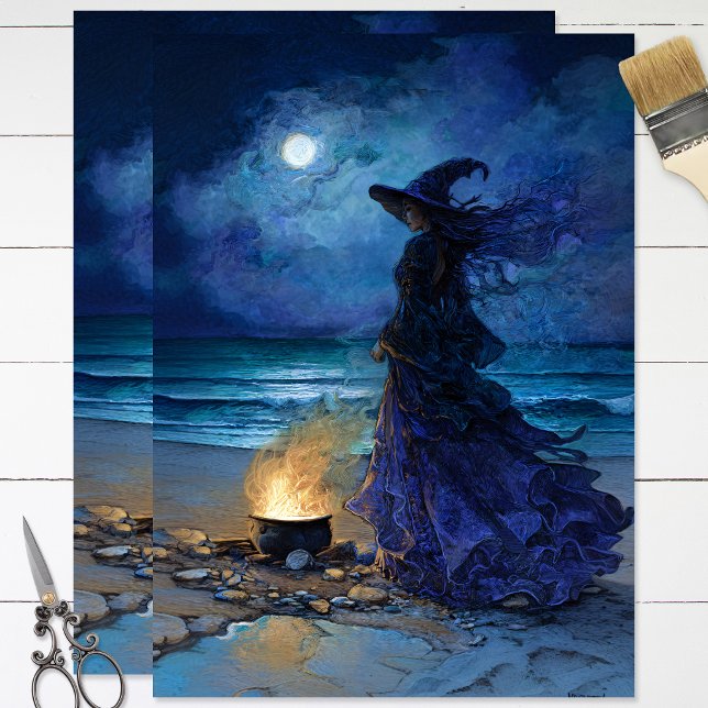 Witch by the Moonlit Sea Decoupage Tissue Paper (Decoupage tissue paper sheets featuring a witch on the beach at night, laid on a white wood surface.)