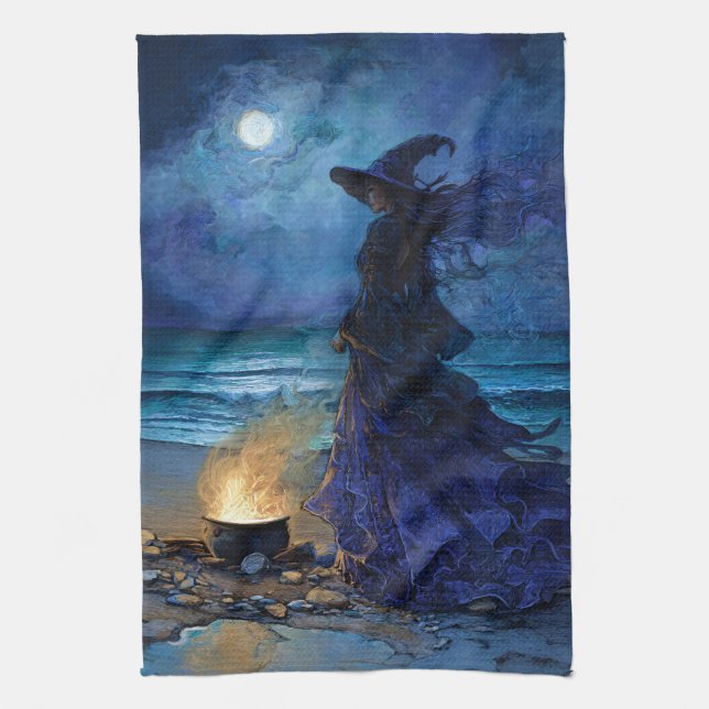 Witch by the Moonlit Sea Tea Towel (Vertical)