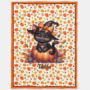 Witch Cat Add Baby's Name Cute Halloween Border B Fleece Blanket