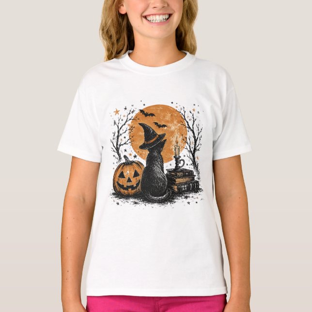 Witch Cat and Pumpkin T-Shirt (Front)