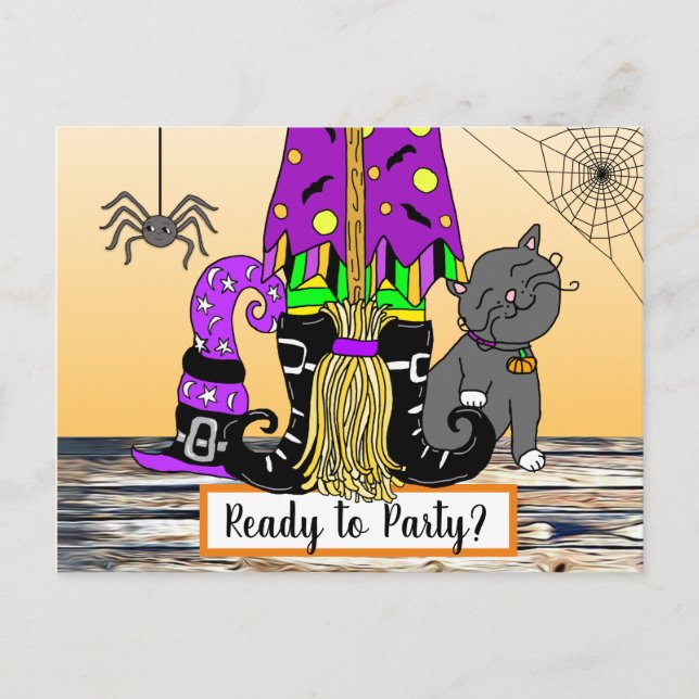 Witch, Cat and Spiderweb Cute Halloween Invitation Postcard (Front)