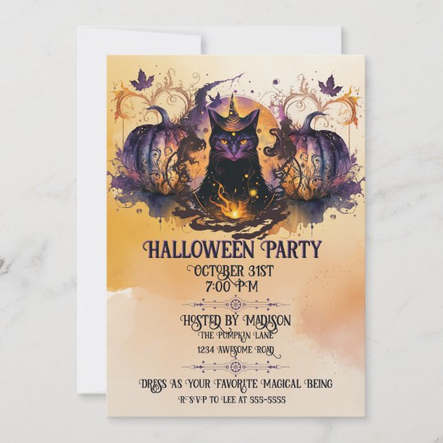 Witch Cat Autumn Pumpkin Halloween Invitation (Front)