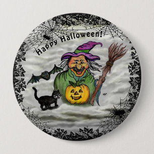 Witch , Cat , Bat and Pumpkin , Happy Halloween ! 10 Cm Round Badge