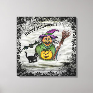 Witch , Cat , Bat and Pumpkin , Happy Halloween ! Canvas Print
