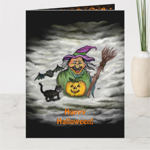 Witch , Cat , Bat and Pumpkin , Happy Halloween ! Card