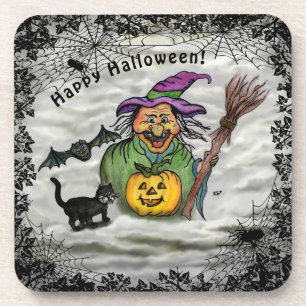 Witch , Cat , Bat and Pumpkin , Happy Halloween ! Coaster