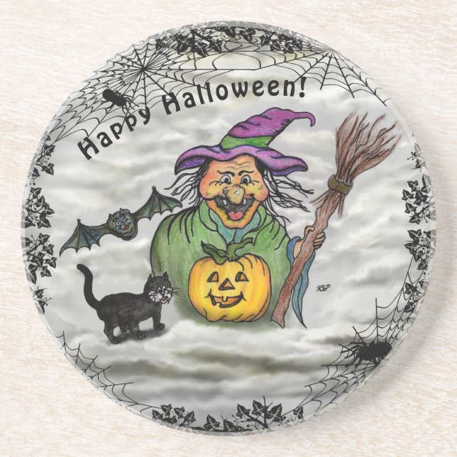 Witch , Cat , Bat and Pumpkin , Happy Halloween ! Coaster (Front)