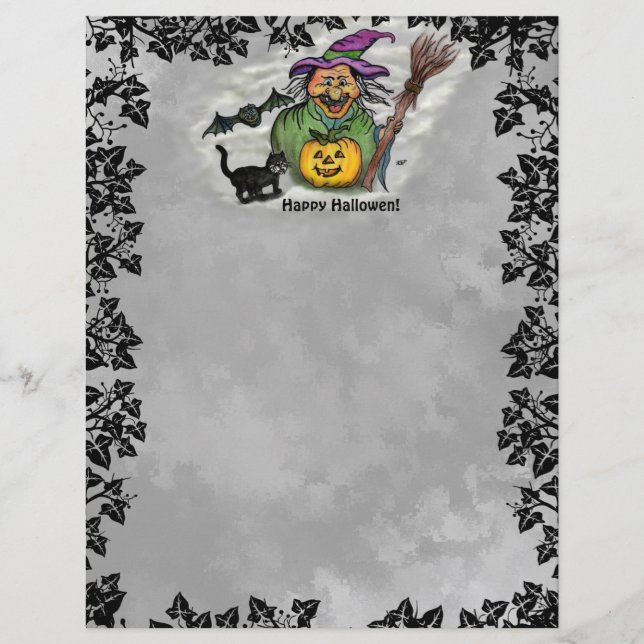 Witch , Cat , Bat and Pumpkin , Happy Halloween ! Custom Letterhead (Front)