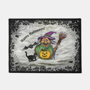 Witch , Cat , Bat and Pumpkin , Happy Halloween ! Doormat
