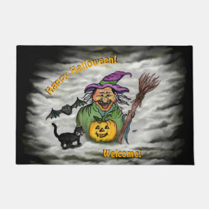 Witch , Cat , Bat and Pumpkin , Happy Halloween ! Doormat