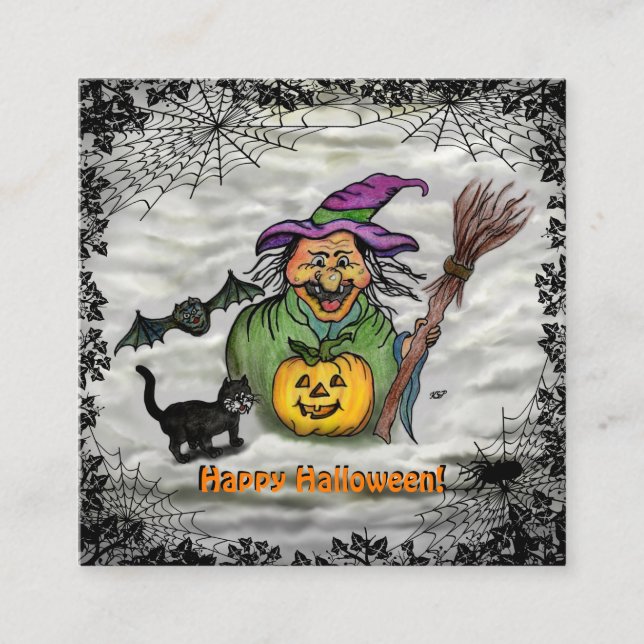 Witch , Cat , Bat and Pumpkin , Happy Halloween ! Enclosure Card (Front)