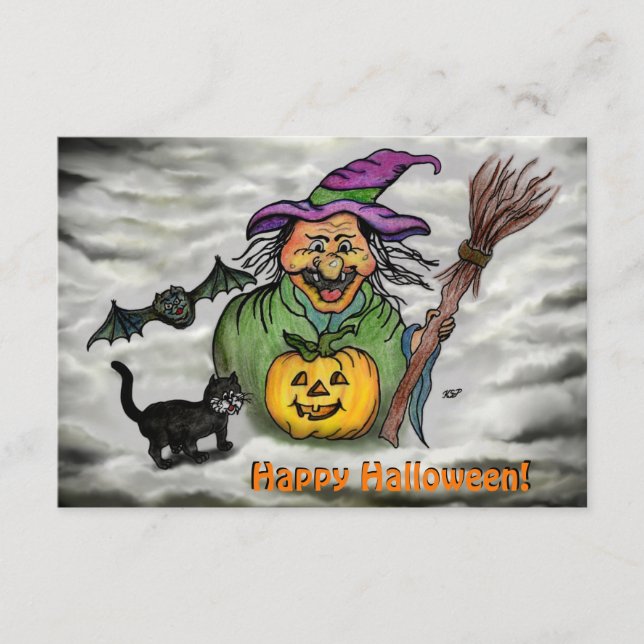 Witch , Cat , Bat and Pumpkin , Happy Halloween ! Enclosure Card (Front)