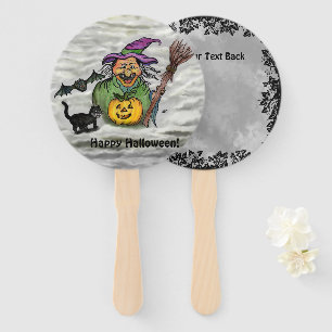 Witch , Cat , Bat and Pumpkin , Happy Halloween ! Hand Fan